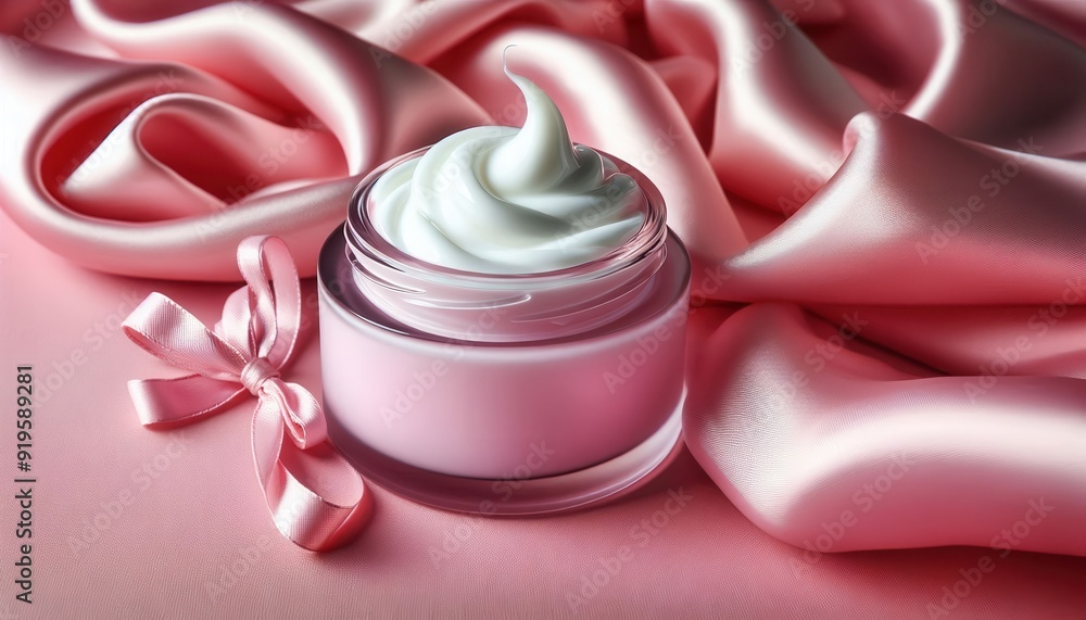 A jar of pink face cream with a swirl of white cream on top, placed on a pink background and surrounded by delicate pink silk fabric..Concept: Skincare, elegance, feminine touch A jar of pink face cream with a swirl of white cream on top, placed on a pink background and surrounded by delicate pink silk fabric..Concept: Skincare, elegance, feminine touch