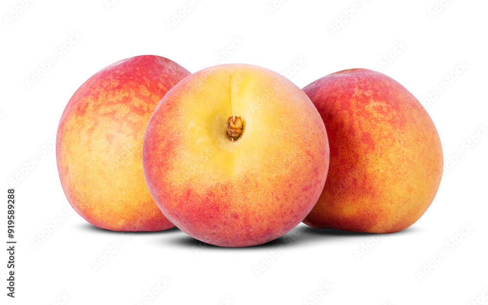 Peachs isolated on white background. three peaches. Peach macro studio photo. Full depth of field with clipping path