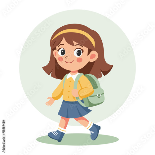 Cute schoolgirl with school backpack going to school. Pupil character. Flat style illustration