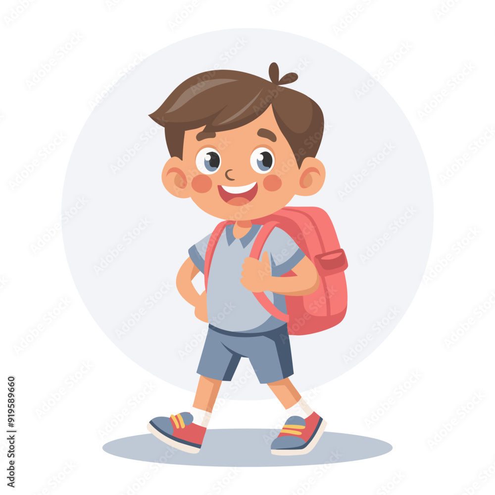 Cute schoolboy with school backpack going to school. Pupil character. Flat style illustration Cute schoolboy with school backpack going to school. Pupil character. Flat style illustration
