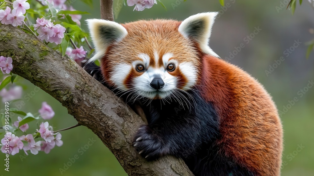 A red panda making its way up a tree with blooming flowers, its fur blending with the colorful petals, animal, springtime climbing A red panda making its way up a tree with blooming flowers, its fur blending with the colorful petals, animal, springtime climbing