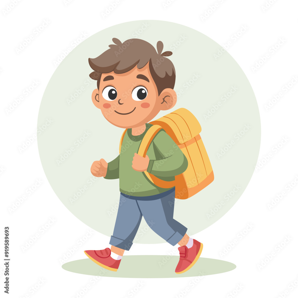 Cute schoolboy with school backpack going to school. Pupil character. Flat style illustration Cute schoolboy with school backpack going to school. Pupil character. Flat style illustration