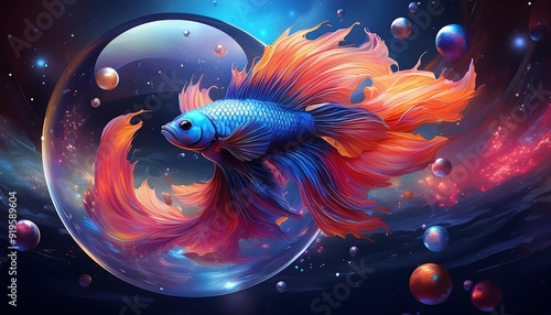 vibrant betta fish midleap between two floating spheres of water cosmic background photo