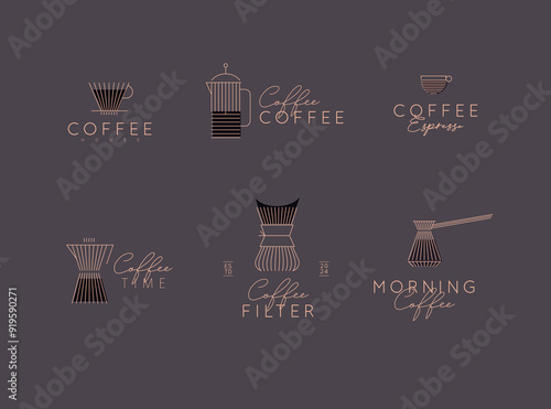 Obraz na płótnie Coffee linear labels with lettering cup, glass, french press, maker, filter, drip, turk, pot drawn with flat lines on brown background w salonie