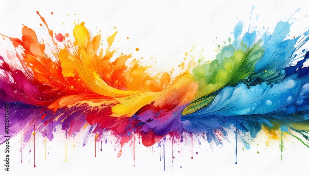 Obraz premium vibrant rainbow paint splatter forming an abstract border dynamic color explosion against pure white background highcontrast artistic design element