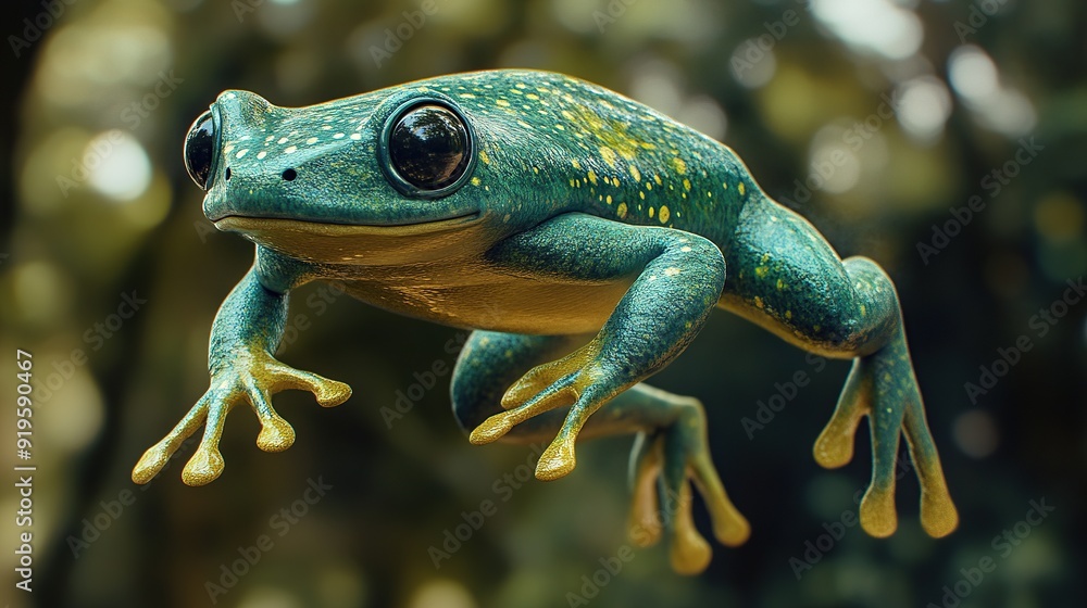 Close-up of a vibrant green frog with yellow spots.