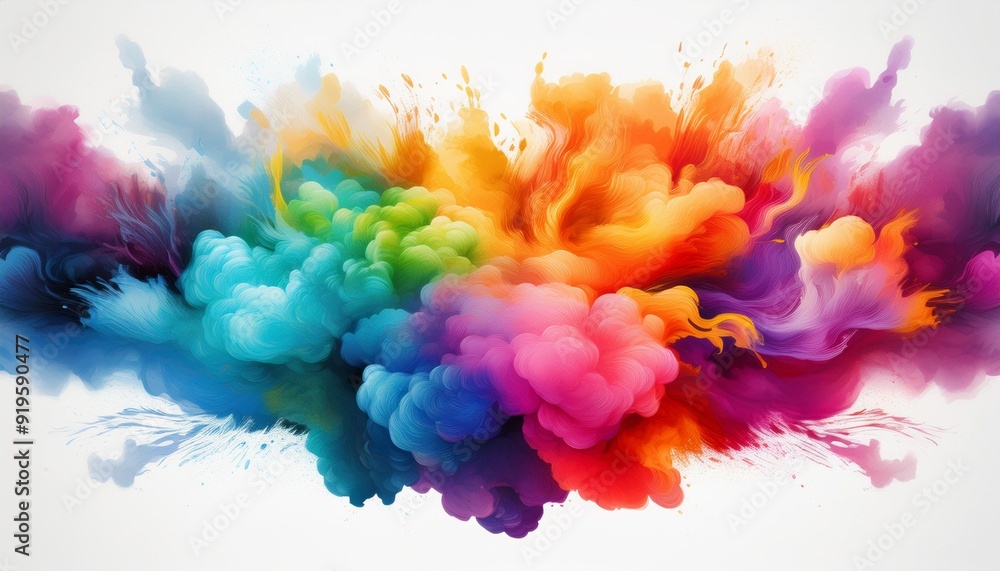 Obraz premium vibrant smoke bomb explosions rainbow colors against stark white dynamic tendrils billowing clouds artistic celebratory atmosphere