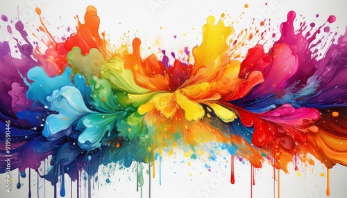 vibrant rainbow paint splatter forming an abstract border dynamic color explosion against pure white background highcontrast artistic design element photo