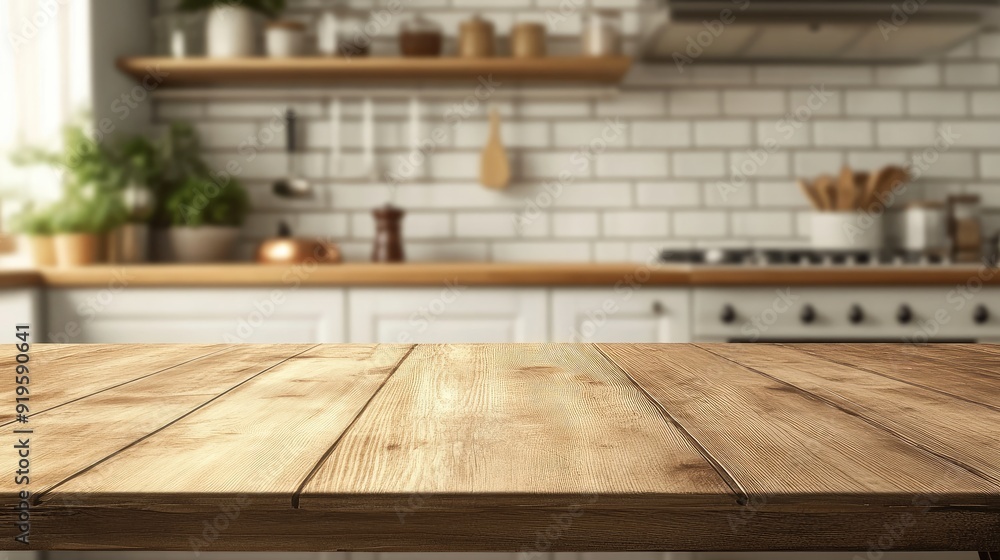 An empty table set against a blurred backdrop of a kitchen cupboard, perfect for food presentation or cooking content. An empty table set against a blurred backdrop of a kitchen cupboard, perfect for food presentation or cooking content.