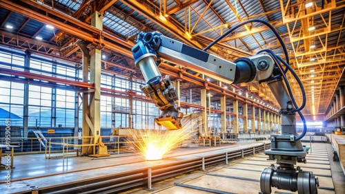 Automated welding robot arm with sensors and wires operates on a steel beam in a modern, high-tech construction site with industrial machinery in background.