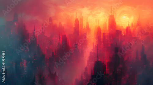 An imaginative portrayal of a cityscape with angular, fragmented shapes representing buildings, while softer, diffused colors hint at the bustling streets below 