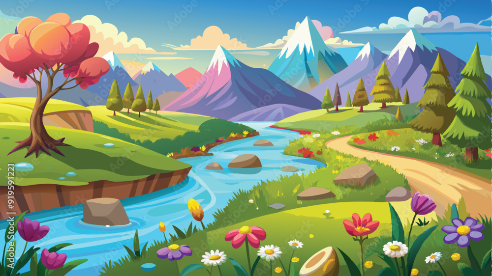 Fototapeta premium Illustration of a flower meadow in spring. AI digital illustration