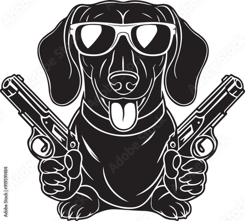 Dachshund Dog Holding Guns Stylized Vector