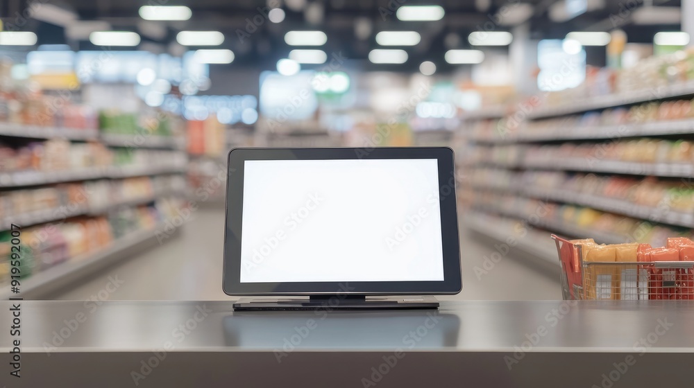 Blank digital display at the checkout counter in a supermarket, with blurred shelves in the background, ideal for retail concepts Blank digital display at the checkout counter in a supermarket, with blurred shelves in the background, ideal for retail concepts