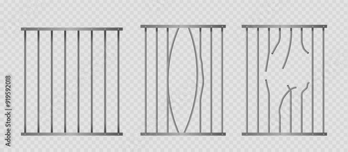 Three Metal Prison Bars In Different States Intact, Bent, And Broken, Providing A Concept Of Imprisonment And Security