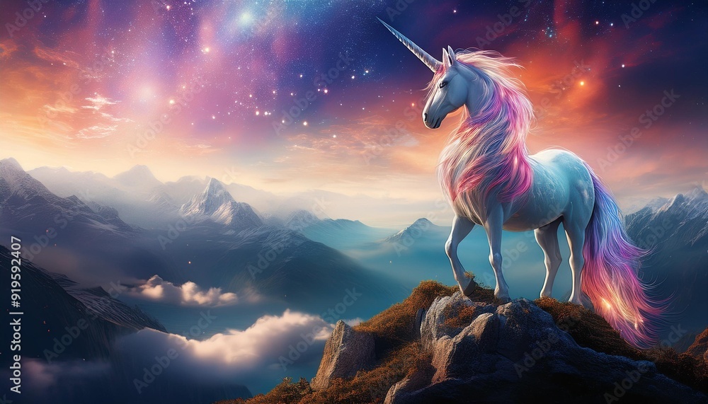 Mountain Peaks- A unicorn standing on a mountain peak with a ...