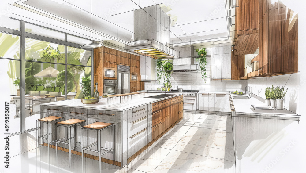 Modern Kitchen Layout with Wooden Cabinets and Marble Island. An architectural sketch of a contemporary kitchen design featuring wooden cabinets, a central marble island, and clean lines
Modern Kitchen Layout with Wooden Cabinets and Marble Island. An architectural sketch of a contemporary kitchen design featuring wooden cabinets, a central marble island, and clean lines