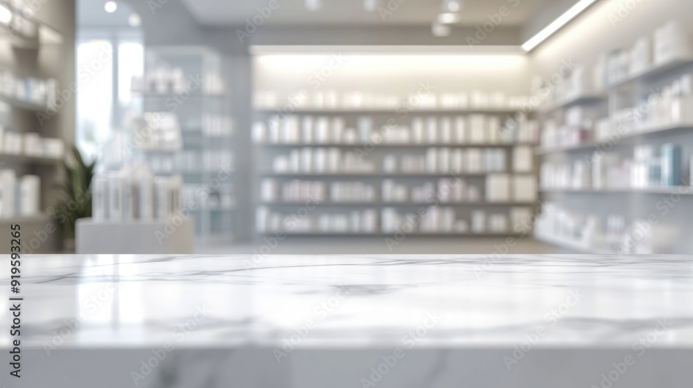 Clean white marble table in focus, with a blurred drugstore interior behind, setting the stage for pharmaceutical product displays. Clean white marble table in focus, with a blurred drugstore interior behind, setting the stage for pharmaceutical product displays.