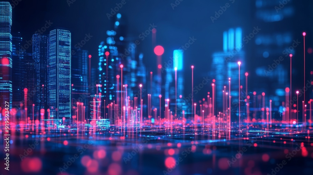 With a city background and abstract buildings, we have a wireless network and connection technology concept With a city background and abstract buildings, we have a wireless network and connection technology concept