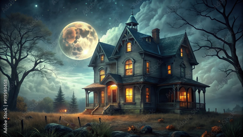 Haunted house with glowing windows under a full moon on a spooky Halloween night , haunted, house Haunted house with glowing windows under a full moon on a spooky Halloween night , haunted, house
