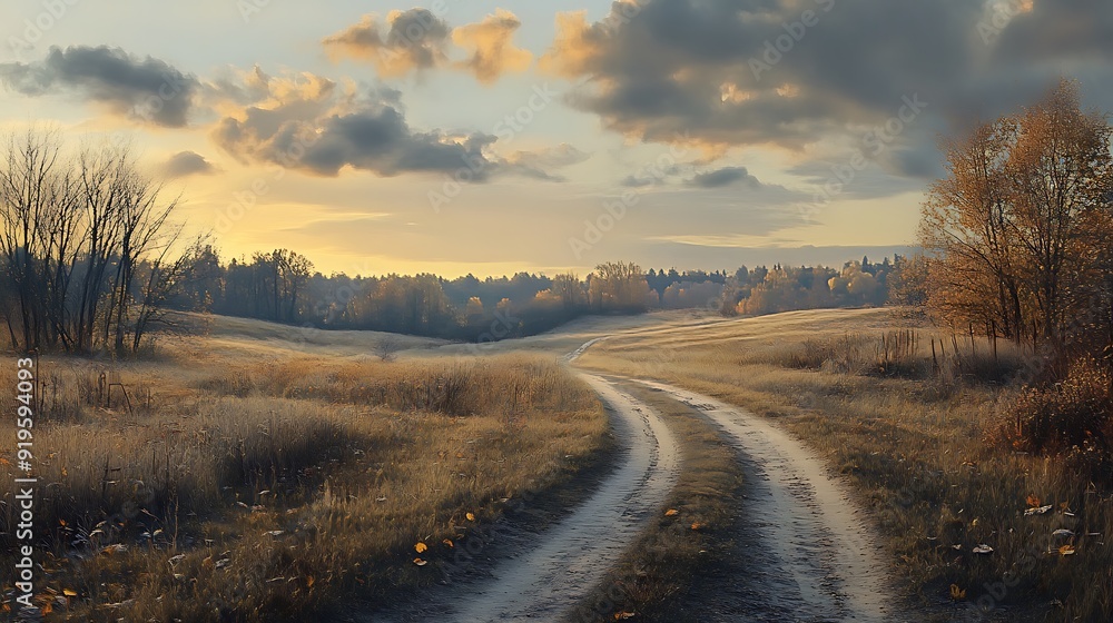 Fototapeta premium A Winding Dirt Road Through a Golden Field at Sunset