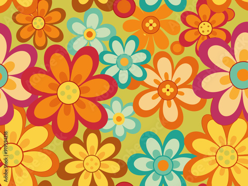Groovy flower background. Retro hippy 70s seamless pattern. Simple funky 60s floral summer print, color pop vintage spring daisy repeat texture. Pretty flowers vector illustration
