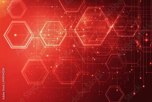 Digital technology and engineering concept. A hexagonal red technology background with various technological elements.