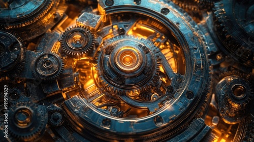 Wallpaper Mural Intricate Mechanical Gears with Glowing Lights: Precision Engineering and Technology Concept Torontodigital.ca