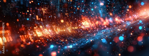 Abstract Futuristic Digital Wave with Glowing Data Particles in Blue and Orange