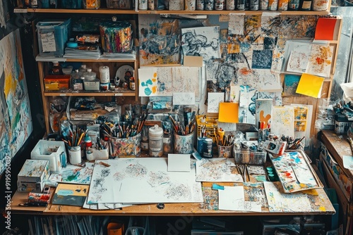 Artist's Creative Workstation with Paints, Brushes, Sketches, and Art Supplies in a Cozy Studio