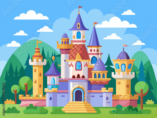 Fairy tale castles. Cartoon magic kingdom palace. Royal house. Fabulous medieval high building with tower and citadels. Fairy princess castle for story. Vector collection
