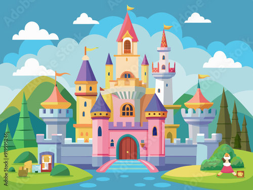 Fairy tale castles. Cartoon magic kingdom palace. Royal house. Fabulous medieval high building with tower and citadels. Fairy princess castle for story. Vector collection
