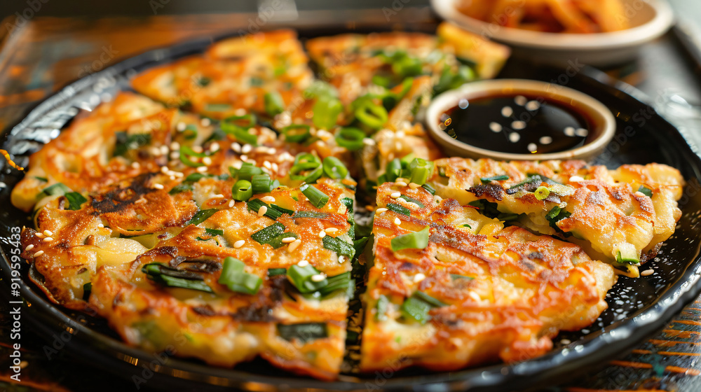Sliced korean savory pancake pajeon served with soy sauce on a black plate Sliced korean savory pancake pajeon served with soy sauce on a black plate