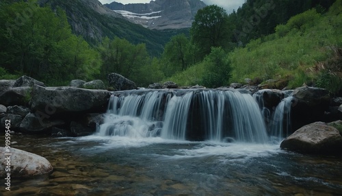 A waterfall with a waterfall in the background and a mountain in the background 54