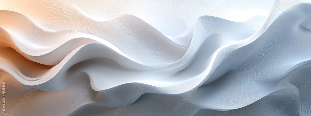 Fototapeta premium Abstract Wavy White and Blue Fabric Texture Background with Subtle Orange Gradient