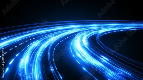 Futuristic dynamic data flow for technology concept. Bright energy stream illustration on blue abstract background.