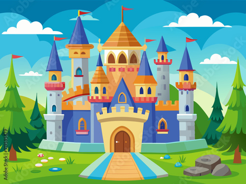 Fairy tale castles. Cartoon magic kingdom palace. Royal house. Fabulous medieval high building with tower and citadels. Fairy princess castle for story. Vector collection
