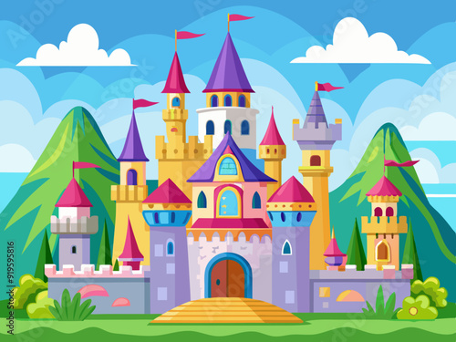 Fairy tale castles. Cartoon magic kingdom palace. Royal house. Fabulous medieval high building with tower and citadels. Fairy princess castle for story. Vector collection
