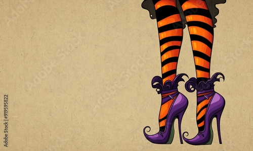 Illustration of stylized witch's legs in striped stockings and purple high heels on textured background, concept of Halloween style