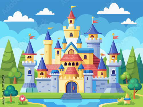 Fairy tale castles. Cartoon magic kingdom palace. Royal house. Fabulous medieval high building with tower and citadels. Fairy princess castle for story. Vector collection
