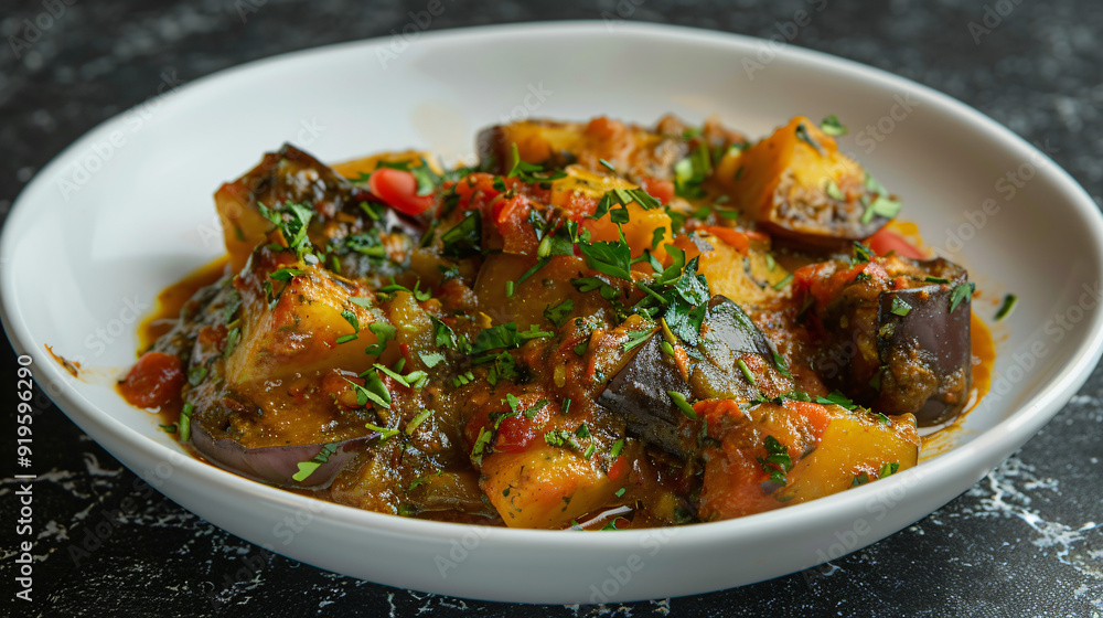 Indian-inspired spicy vegetable curry with potatoes and eggplant, topped with fresh cilantro in a white bowl Indian-inspired spicy vegetable curry with potatoes and eggplant, topped with fresh cilantro in a white bowl