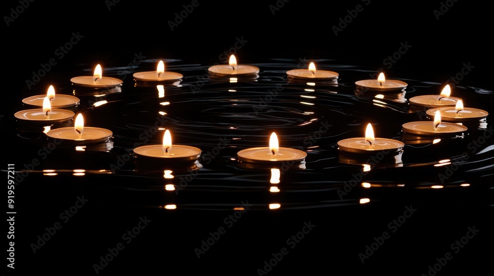 A circle of candles creates a serene and calming atmosphere on water A circle of candles creates a serene and calming atmosphere on water