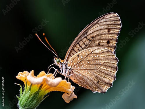 A close-up of a butterfly resting on a flower, its wings glistening with morning dew