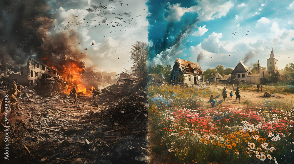 War vs. Peace: Design a divided image with the left side portraying a war-torn landscape, featuring destroyed buildings, smoke, and soldiers in combat. The right side should show a serene, peaceful vi War vs. Peace: Design a divided image with the left side portraying a war-torn landscape, featuring destroyed buildings, smoke, and soldiers in combat. The right side should show a serene, peaceful vi