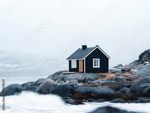 A fisherman s hut on a rocky shore, with waves crashing against the rocks