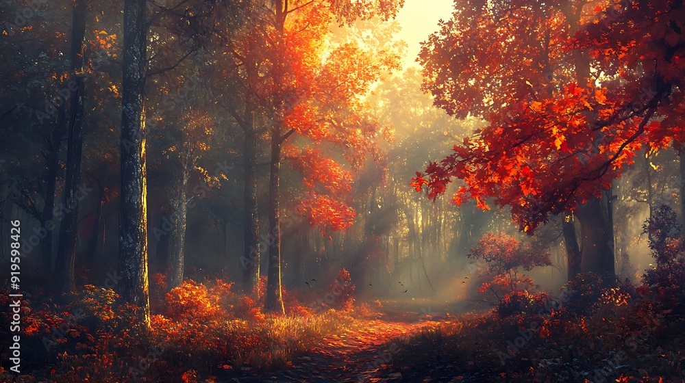 Sunlit Path Through Autumnal Forest Sunlit Path Through Autumnal Forest