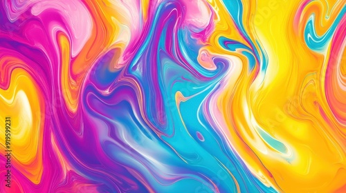 Vibrant and dynamic abstract image with swirling patterns of liquid colors, blending hues of yellow, green, blue, purple, and red