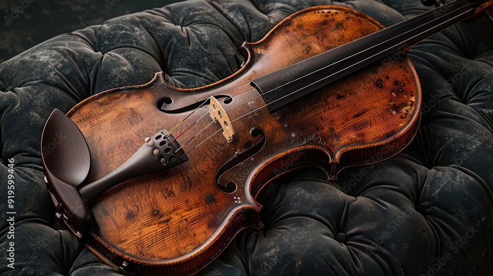 Obraz premium Vintage Violin on a Dusty Velvet Sofa.