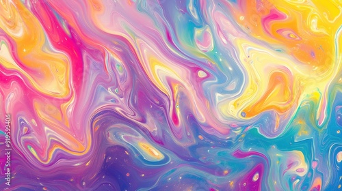 Vibrant and dynamic abstract image with swirling patterns of liquid colors, blending hues of yellow, green, blue, purple, and red