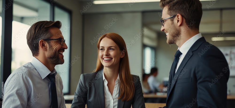 Smiling businesspeople having a discussion in an office Smiling businesspeople having a discussion in an office